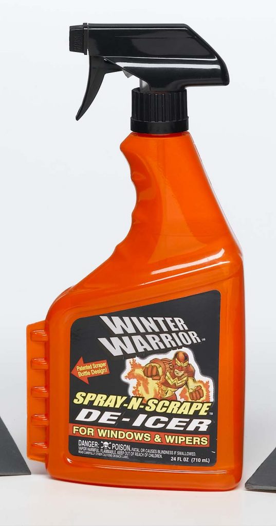 household chemicals orange plastic spray bottle with scraper on the side with a Winter Warrior label