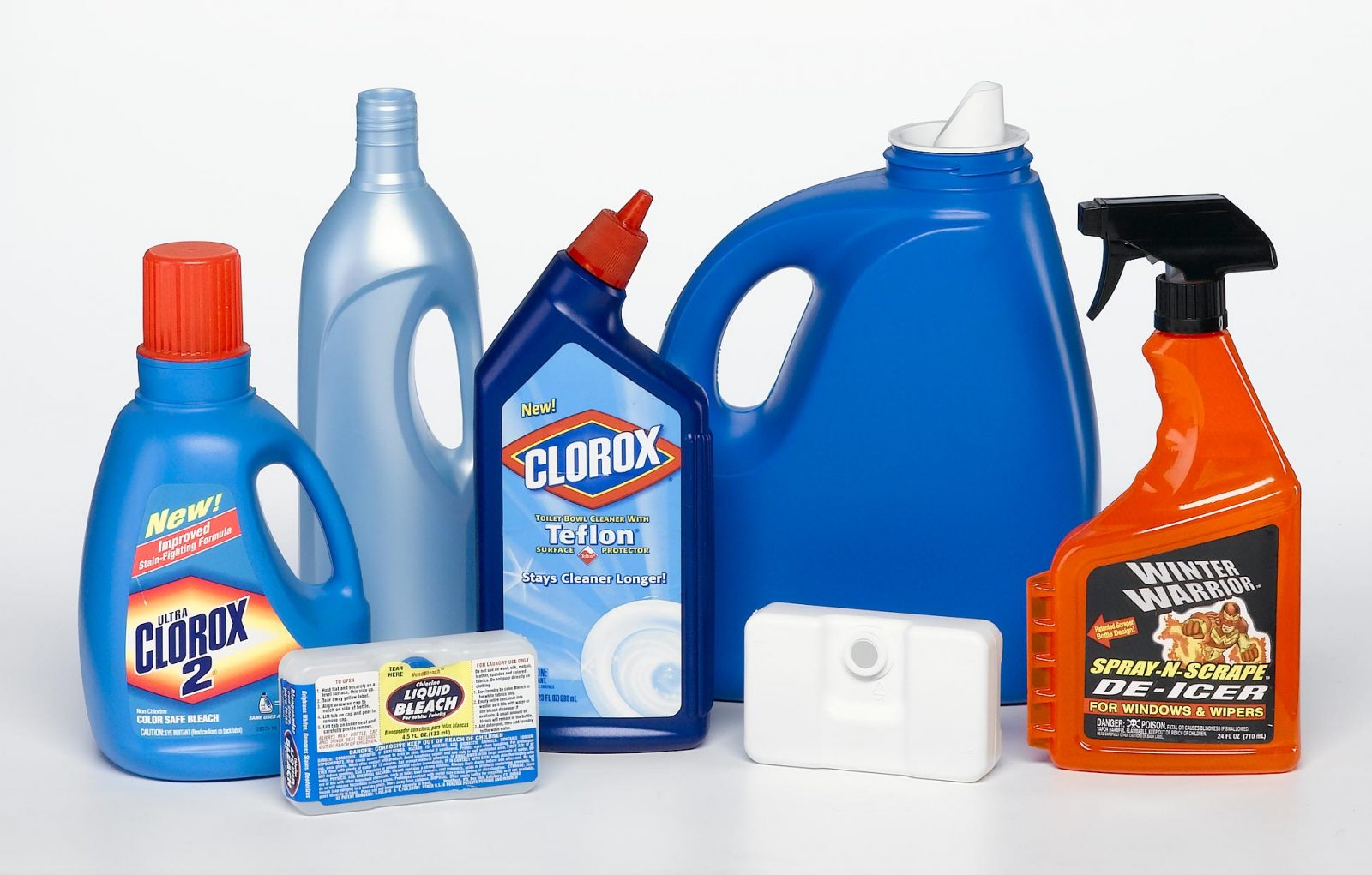 household chemicals various plastic pour bottles and spray bottles