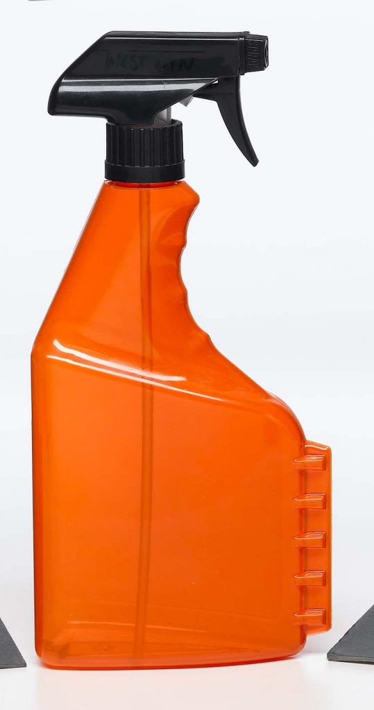 household chemicals orange plastic spray bottle with scraper on the side