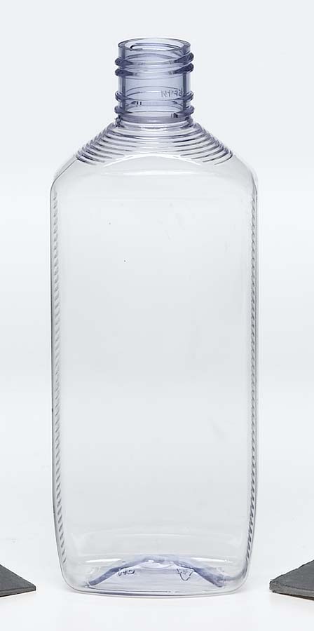 PET clear plastic bottle with side and top ridges and screw top