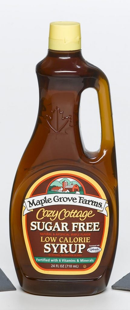 food and beverage clear plastic syrup container with handle and Maple Grove Farms label food safe